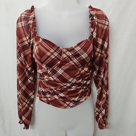 Almost Famous Tops - Womens Sz Small Almost Famous Y2k Plaid Blouse Micro Mesh Clueless Preppy